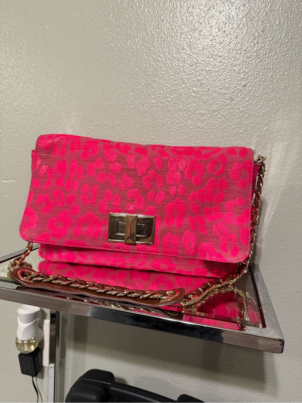 Juicy Couture Y2K Pink Leopard Jacquard Chain Shoulder Bag Genuine Leather Trim
